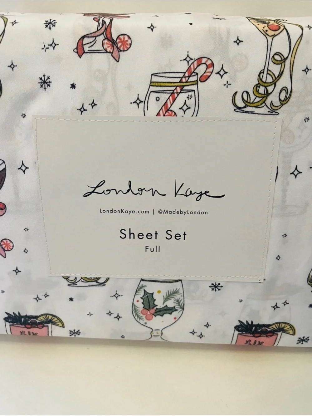 London Kaye Full Size White Sheet Set Deck the Cocktails Candy Cane Peppermint
